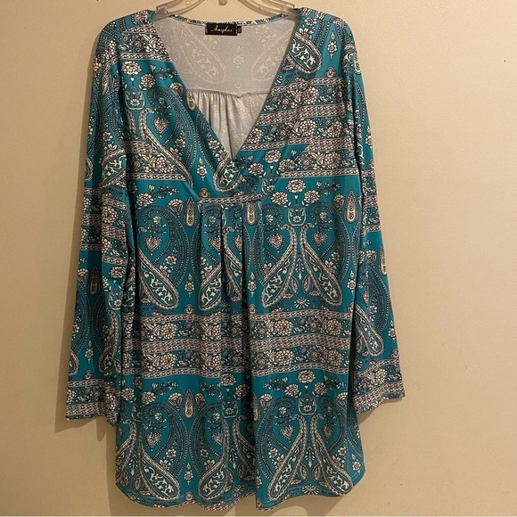 AMZPLUS Top Womens Plus 3XL Teal V-Neck Long Sleeve Blouse Stretch - Picture 1 of 11